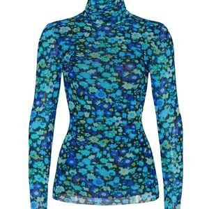 Ganni Blue Floral Long Sleeve Turtleneck